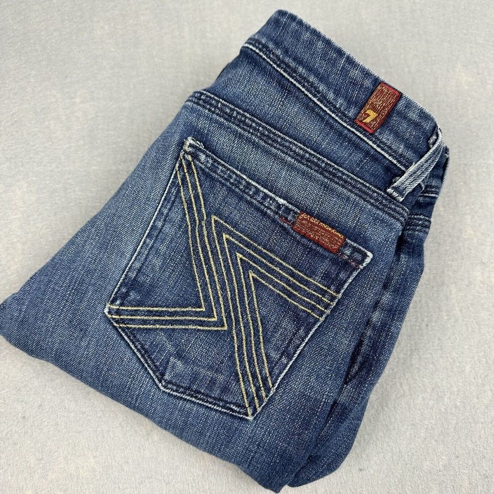 7 For All Mankind Flynt Jeans Size 27 Flare Embroidered Pockets Dark Wash 7FAMK